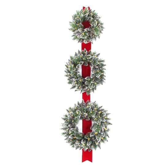18", 22", & 26" Triple Wreath Door Décor Piece With Warm White Twinkle LED Lights